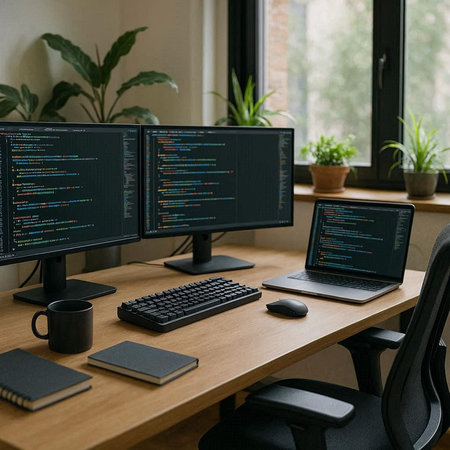 Working place with computers and coffee cup on wooden table. Workplace of programmer or designer.