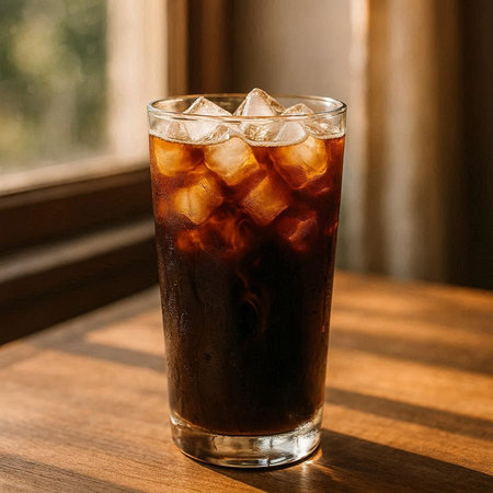 Cola with ice cubes in a glass on a wooden table near the window