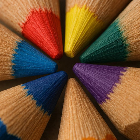 Colored pencils in a circle. Close-up. Selective focus.
