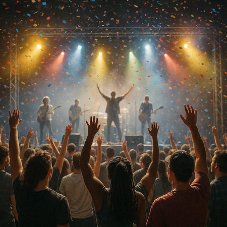 Crowd of people with raised hands at a live music festival.