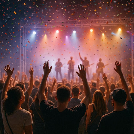 Crowd of people with raised hands at a live music concert.の写真素材