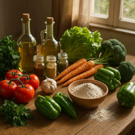 Composition with variety of fresh vegetables on wooden table. Food background