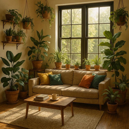 Interior of the living room with a large window, a sofa and plants