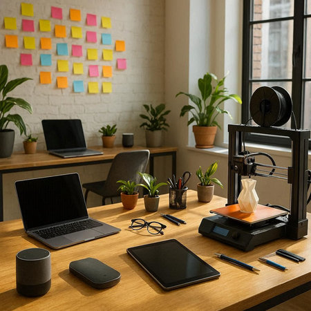 Workspace with laptop, coffee machine and stationery on wooden table