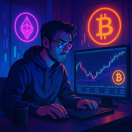 Young man in a dark room with computer and cryptocurrency. Digital illustration.