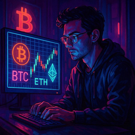 Portrait of a young man in a dark room with a computer and bitcoin.