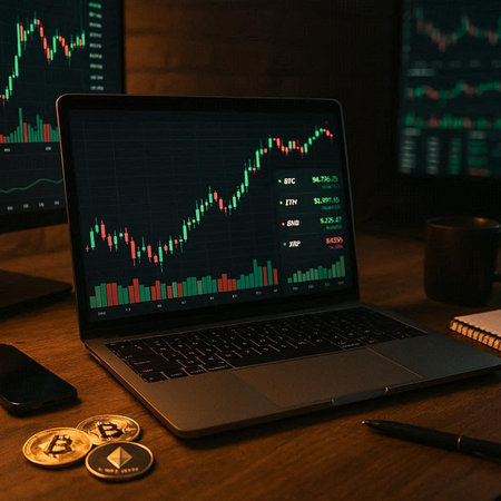 Laptop with stock market chart on screen. Cryptocurrency trading concept.