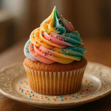 Cupcake with colorful buttercream frosting and colorful sprinkles
