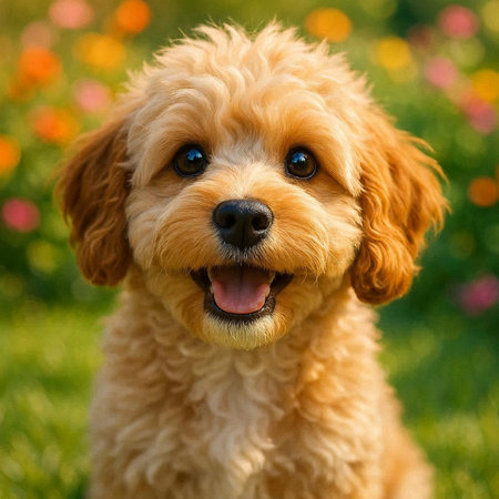 Cute puppy of a dog of the Poodle breed on a background of flowers