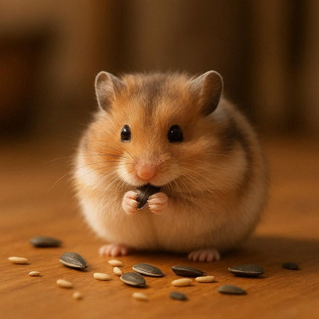 Hamster eating sunflower seeds on a wooden table. Close-up.
