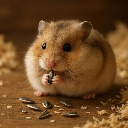 Hamster with sunflower seeds on a wooden background. Close-up.