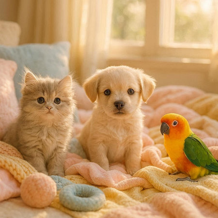 Cute cat, dog and yellow parrot sitting on the bed