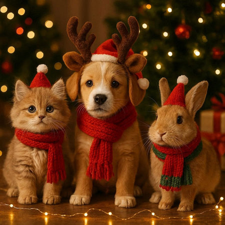 Christmas dog and cat with reindeer antlers on Christmas background