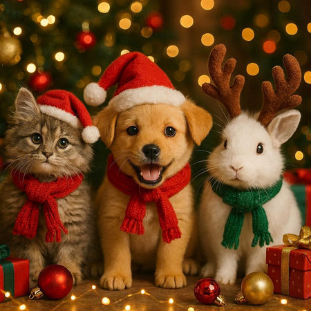Cute dog, cat and rabbit in Santa hats and scarf on Christmas background