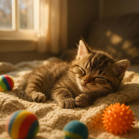 Cute tabby kitten sleeping on warm plaid with toy balls in sunlight.