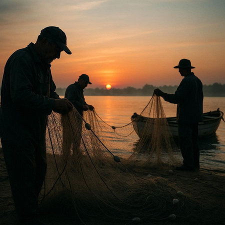 Fishermen at sunrise on the Mekong River in Vietnam.