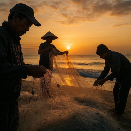 Fishermen are catching fish with net on the beach at sunrise.