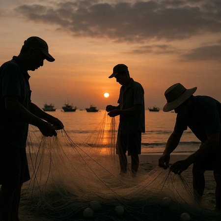 Fishermen are catching fish on the beach in the evening.