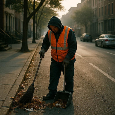 A street sweeper cleans the sidewalk from fallen leaves with a broom.