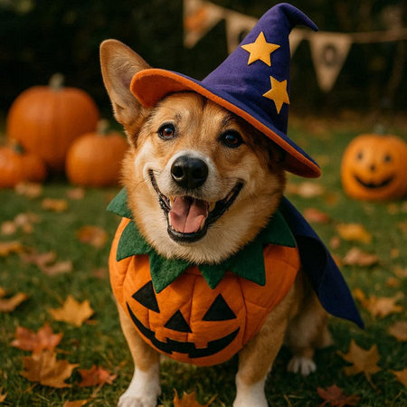 Cute welsh corgi dog in a witch's hat with a pumpkin for Halloween