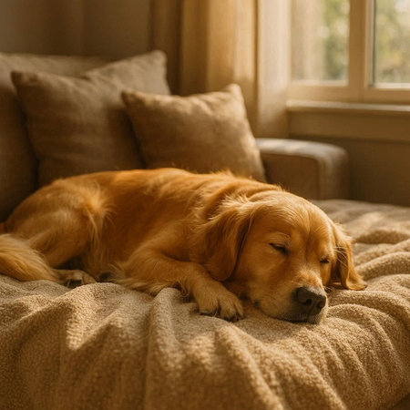 Cute Golden Retriever Puppy Sleeping on a Sofa
