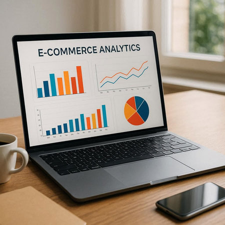Laptop screen displaying an e-commerce analysis concept on a desk