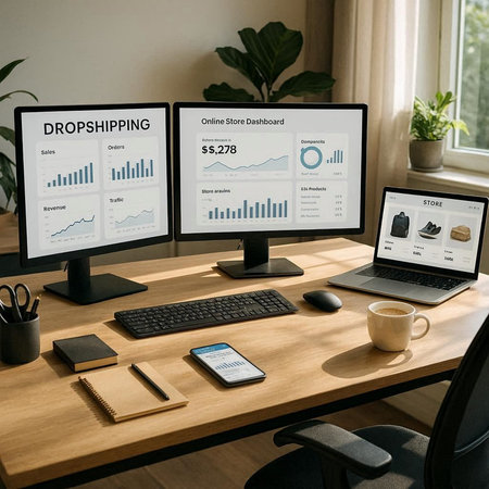 Workplace with computer and devices on the table. Digital marketing concept
