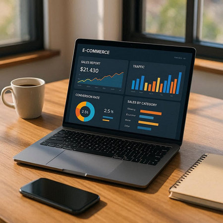 Laptop screen displaying financial data on a desk in a home office