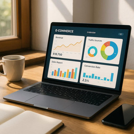 Laptop screen displaying a financial data analysis concept. All screen graphics are made up.