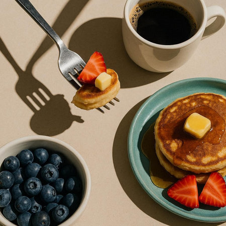 Breakfast with pancakes, berries and a cup of coffee on a beige background