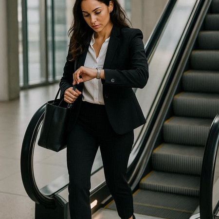 beautiful businesswoman in black suit with handbag on escalator