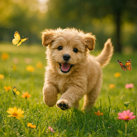 Cute puppy running on the grass in the park with butterflies.