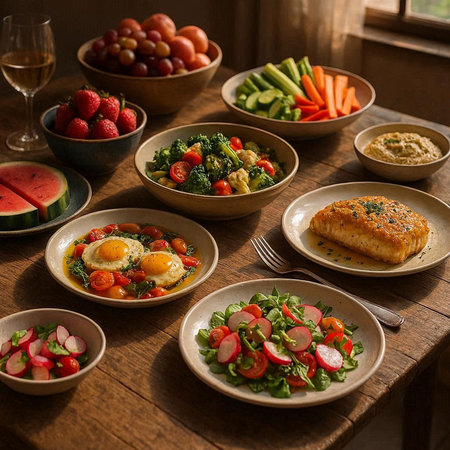 Healthy breakfast in a rustic wooden table, with fresh fruits and vegetables