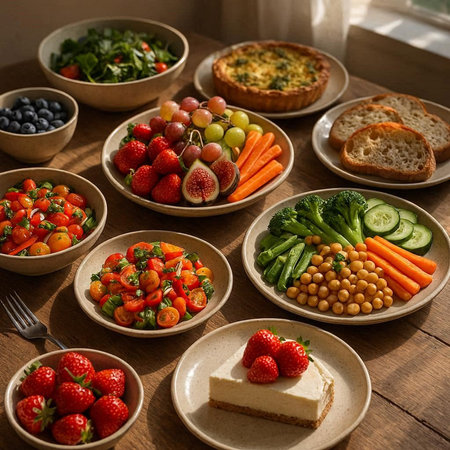 Healthy food on wooden table. Vegetables, fruits and bread