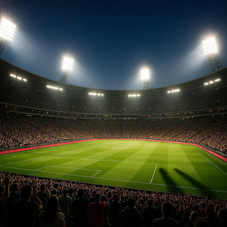 Soccer stadium with fans in the evening, toned image.