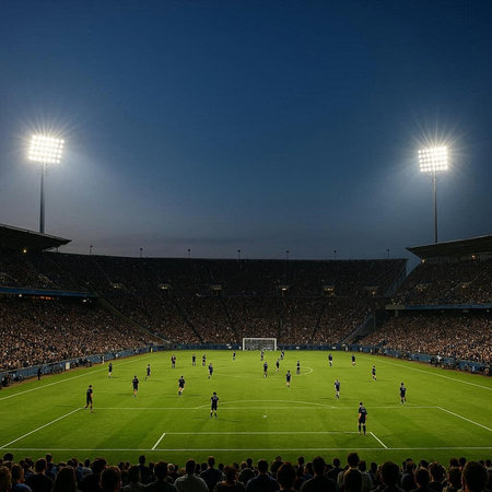 Soccer stadium in the evening with crowd of people in the foreground