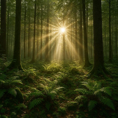 Sunset in the forest with sun rays and ferns.