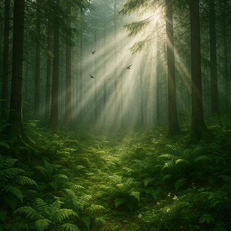Foggy morning in the coniferous forest with sunbeams