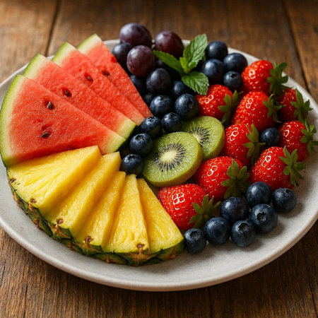 Fruit salad in a plate on a wooden background. Close-up.