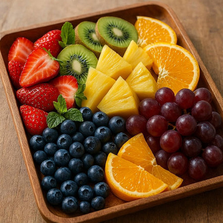 Fresh fruits and berries in a wooden tray on a wooden background.