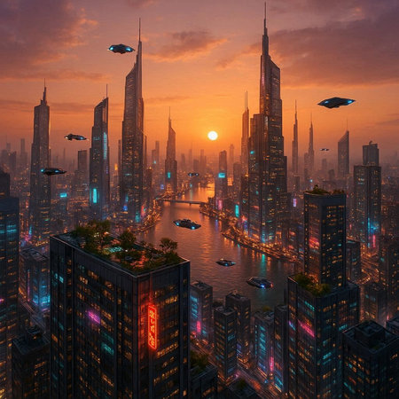 Futuristic city with skyscrapers and high-rise buildingsの写真素材