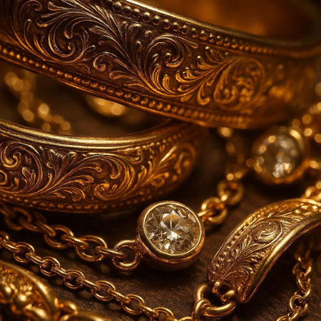 golden bracelets and rings on a wooden background close-upの写真素材