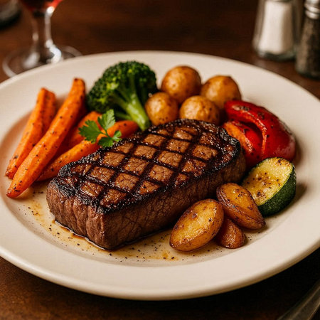 Beef Steak with Potatoes, Carrots and Broccoliの写真素材