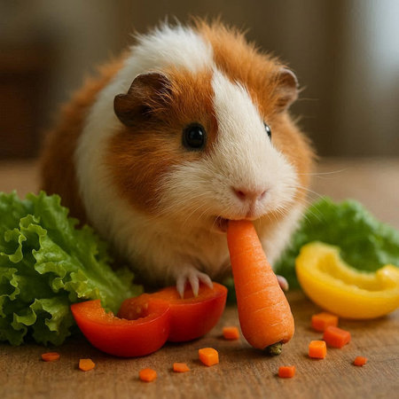 guinea pig with carrot and salad on a wooden table, close-up