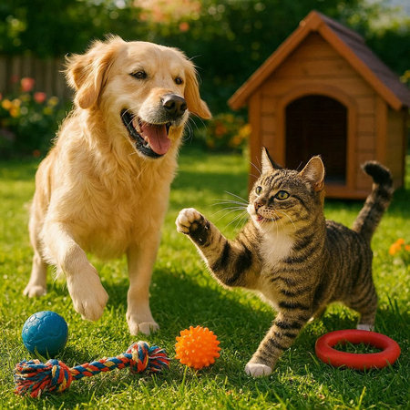 Dog and cat playing on green grass in summer garden.の写真素材