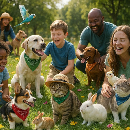 Group Of People With Pet Animal Friends Having Fun Outdoors Togetherness