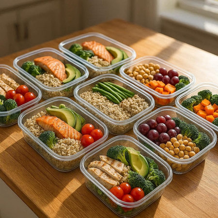 Healthy meal prep containers with salmon, avocado, chickpeas, tomatoes and broccoli