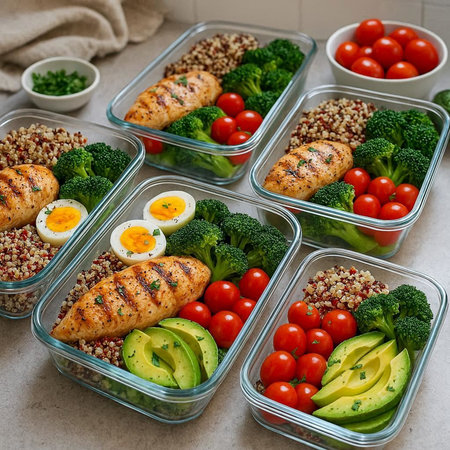 Healthy lunch boxes with quinoa, chicken, avocado, tomatoes and quinoa