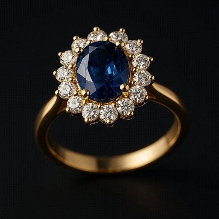 Jewelry ring with blue sapphire on a black background