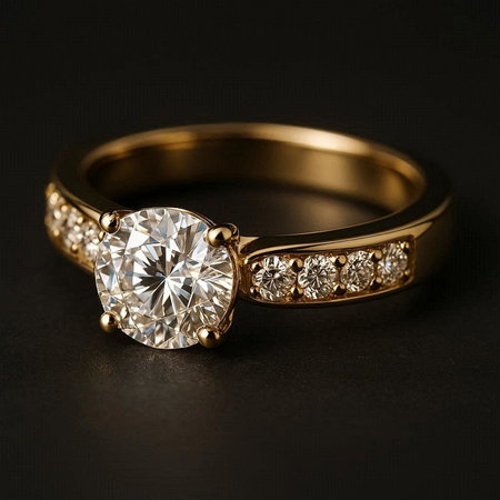 Jewelry ring with diamonds on a dark background close up.